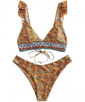 Sets Women's Summer Sexy Floral Print Ruffle High Cut Bikini Set Two Piece Swimsuit Women Summer Fashion 2020 - Coffee - CT19...