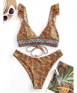 Sets Women's Summer Sexy Floral Print Ruffle High Cut Bikini Set Two Piece Swimsuit Women Summer Fashion 2020 - Coffee - CT19...