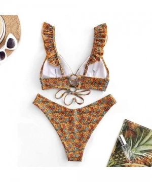 Sets Women's Summer Sexy Floral Print Ruffle High Cut Bikini Set Two Piece Swimsuit Women Summer Fashion 2020 - Coffee - CT19...