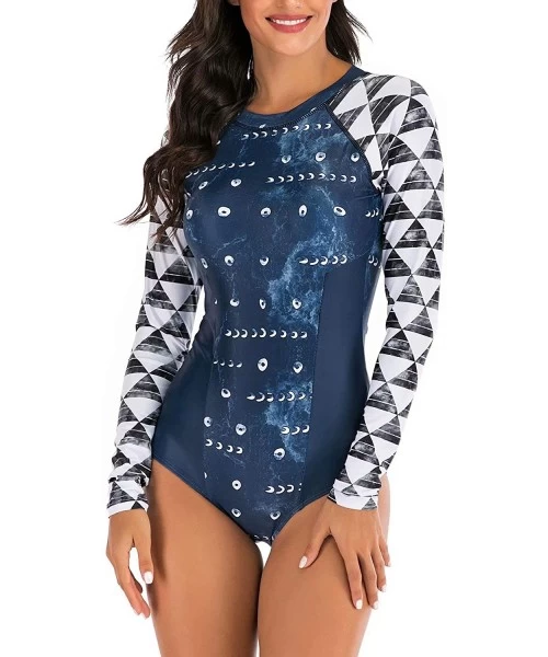 Rash Guards Women's Athletic Swimsuit Long Sleeve Rash Guard Swimming Bathing Suit Swimwear Navy Blue Gray White Geometrical ...