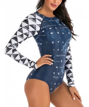 Rash Guards Women's Athletic Swimsuit Long Sleeve Rash Guard Swimming Bathing Suit Swimwear Navy Blue Gray White Geometrical ...