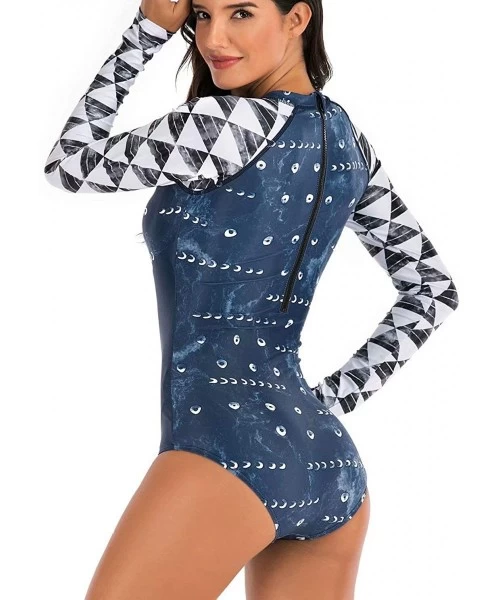 Rash Guards Women's Athletic Swimsuit Long Sleeve Rash Guard Swimming Bathing Suit Swimwear Navy Blue Gray White Geometrical ...