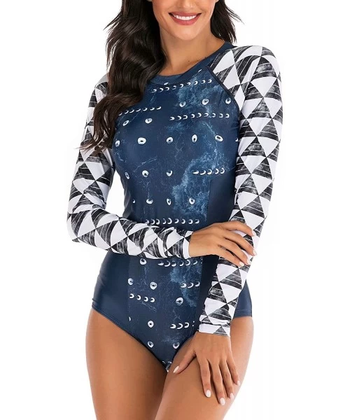 Rash Guards Women's Athletic Swimsuit Long Sleeve Rash Guard Swimming Bathing Suit Swimwear Navy Blue Gray White Geometrical ...