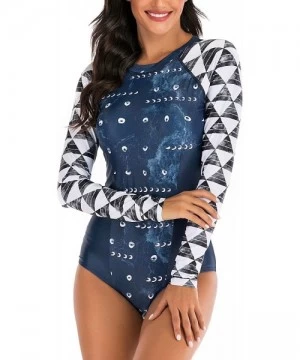 Rash Guards Women's Athletic Swimsuit Long Sleeve Rash Guard Swimming Bathing Suit Swimwear Navy Blue Gray White Geometrical ...