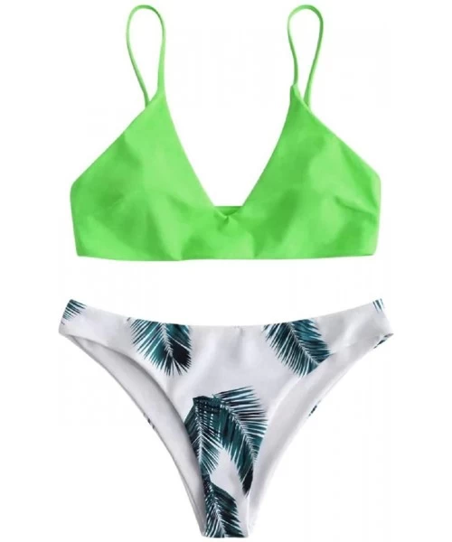 Sets Women's Girls Fashion Leaf Print Push Up Padded Bra Beach Cotton Stretchy High Waist Bikini Set Swimsuit Mint Green - CL...