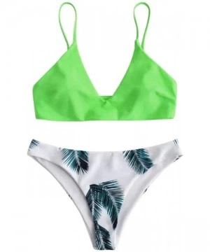 Sets Women's Girls Fashion Leaf Print Push Up Padded Bra Beach Cotton Stretchy High Waist Bikini Set Swimsuit Mint Green - CL...