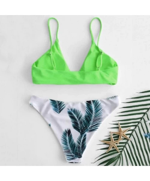 Sets Women's Girls Fashion Leaf Print Push Up Padded Bra Beach Cotton Stretchy High Waist Bikini Set Swimsuit Mint Green - CL...