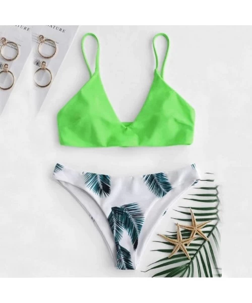 Sets Women's Girls Fashion Leaf Print Push Up Padded Bra Beach Cotton Stretchy High Waist Bikini Set Swimsuit Mint Green - CL...