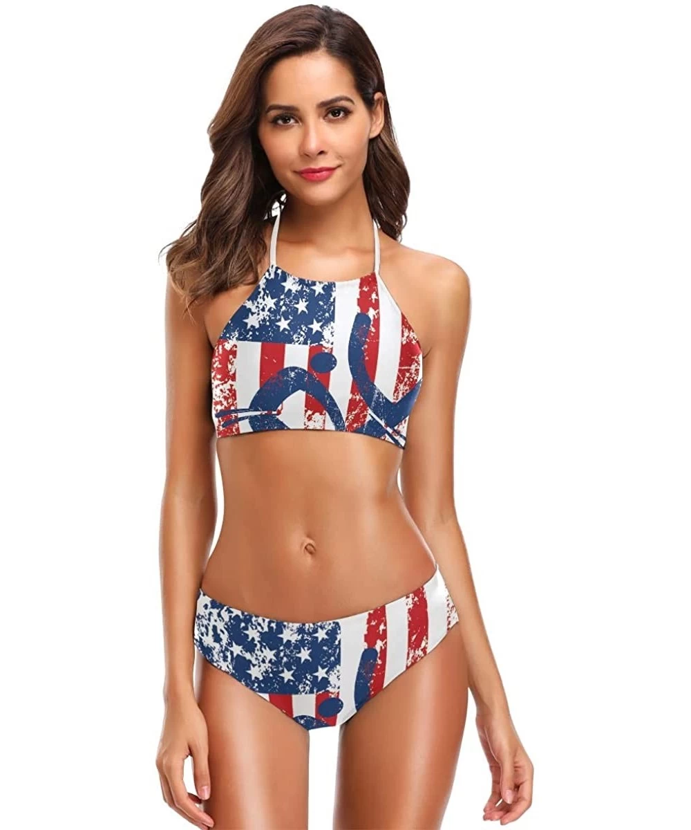 Sets American Flag Thin Blue Line 2 Pcs Halter High Waist Swimsuit Bathing Set for Woman Girls American Flag Wrestling Gift -...