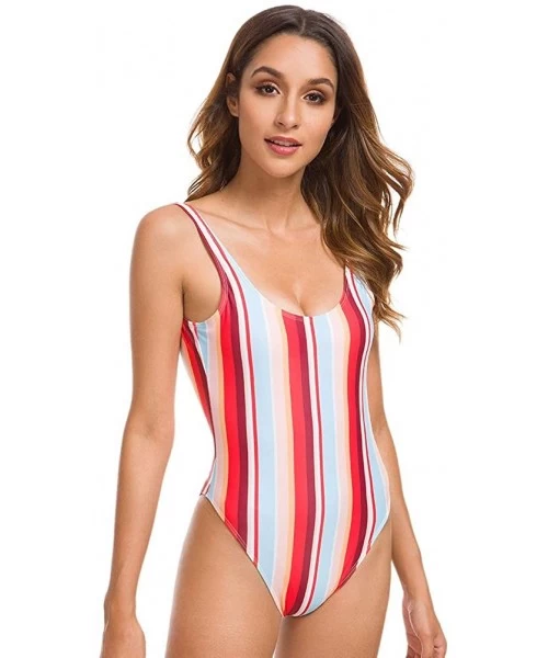 One-Pieces Women's Retro 80s/90s Inspired High Cut Low Back One Piece Swimwear Bathing Suits - Multicolor Stripe - CR18W9T4AX2