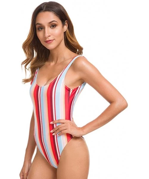 One-Pieces Women's Retro 80s/90s Inspired High Cut Low Back One Piece Swimwear Bathing Suits - Multicolor Stripe - CR18W9T4AX2