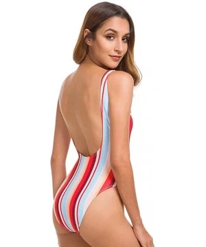 One-Pieces Women's Retro 80s/90s Inspired High Cut Low Back One Piece Swimwear Bathing Suits - Multicolor Stripe - CR18W9T4AX2