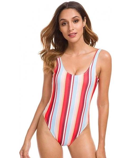 One-Pieces Women's Retro 80s/90s Inspired High Cut Low Back One Piece Swimwear Bathing Suits - Multicolor Stripe - CR18W9T4AX2