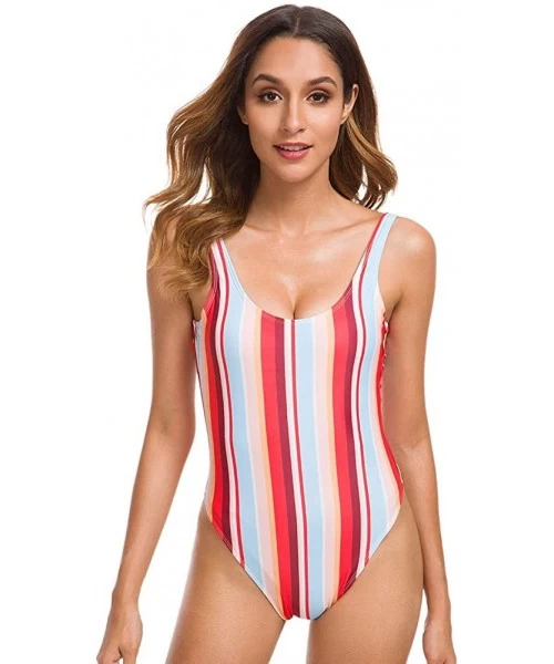 One-Pieces Women's Retro 80s/90s Inspired High Cut Low Back One Piece Swimwear Bathing Suits - Multicolor Stripe - CR18W9T4AX2