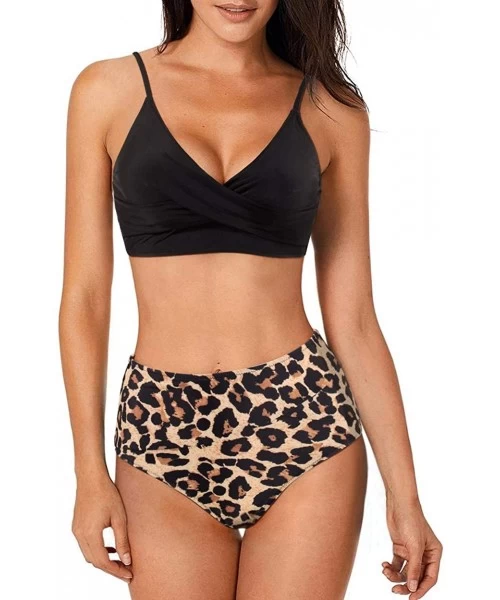 Sets Women Stripe Wrap Top High Waisted Bikini Twist Two Piece Swimsuit - Black-leopard - CS199E433K4