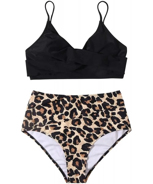 Sets Women Stripe Wrap Top High Waisted Bikini Twist Two Piece Swimsuit - Black-leopard - CS199E433K4