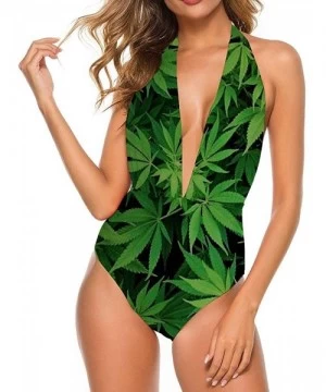 One-Pieces One Piece Swimsuit for All Women- Backless V Neck Monokini Bathing Suit - Cannabis Leaf Green Weed Marijuana - C11...