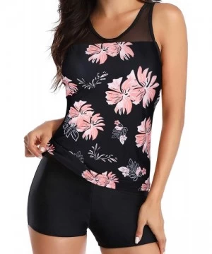 Racing Tankini Swimsuits for Women with Shorts Athletic Two Piece Bathing Suits Racerback Tank Tops Swimwear Pink Floral - CF...