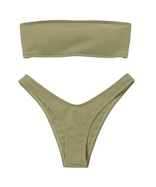 Sets Women Bandeau Bikini Set Strapless Adjustable Back Lace-up Bathing Suit - Army Green - CR193AHDO00