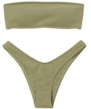 Sets Women Bandeau Bikini Set Strapless Adjustable Back Lace-up Bathing Suit - Army Green - CR193AHDO00