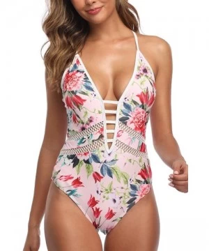 One-Pieces Women Plunge Swimsuits Lace-up Monokini Bathing Suits Sexy Swimwear - Pink/Deep Plunge - CN18YOWYOQD