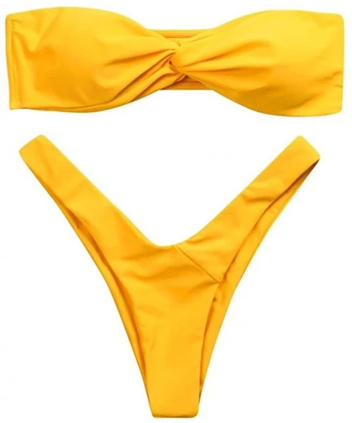 Sets Women Swimwear-Bikini Bandeau Twist Front Thong Swimsuit Strapless Bathing Suit for Women - Yellow - CA189N77H37