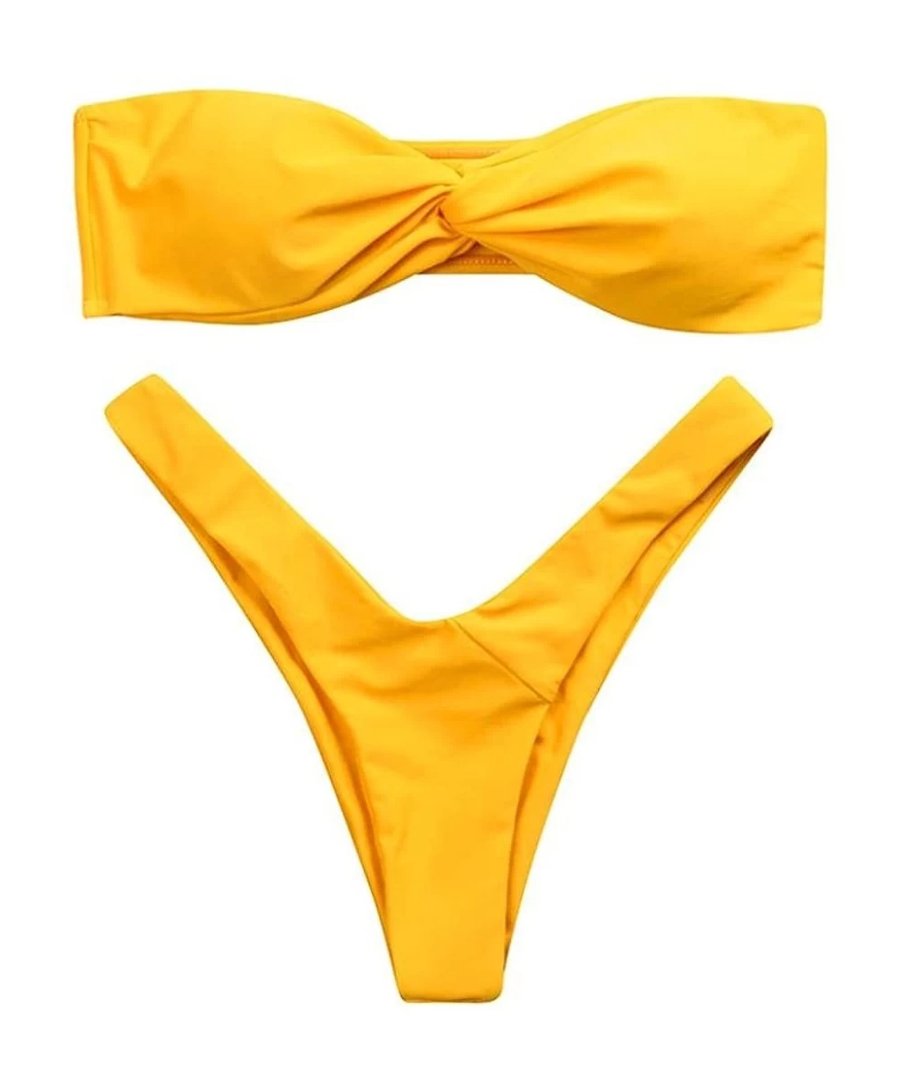 Sets Women Swimwear-Bikini Bandeau Twist Front Thong Swimsuit Strapless Bathing Suit for Women - Yellow - CA189N77H37