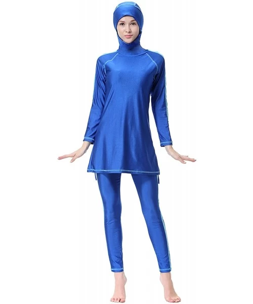 Racing Women Muslim Two Pieces Modest Swimsuit Islamic Beachwear Long Sleeves Highly Elastic - Blue - CX18CCMUDUM