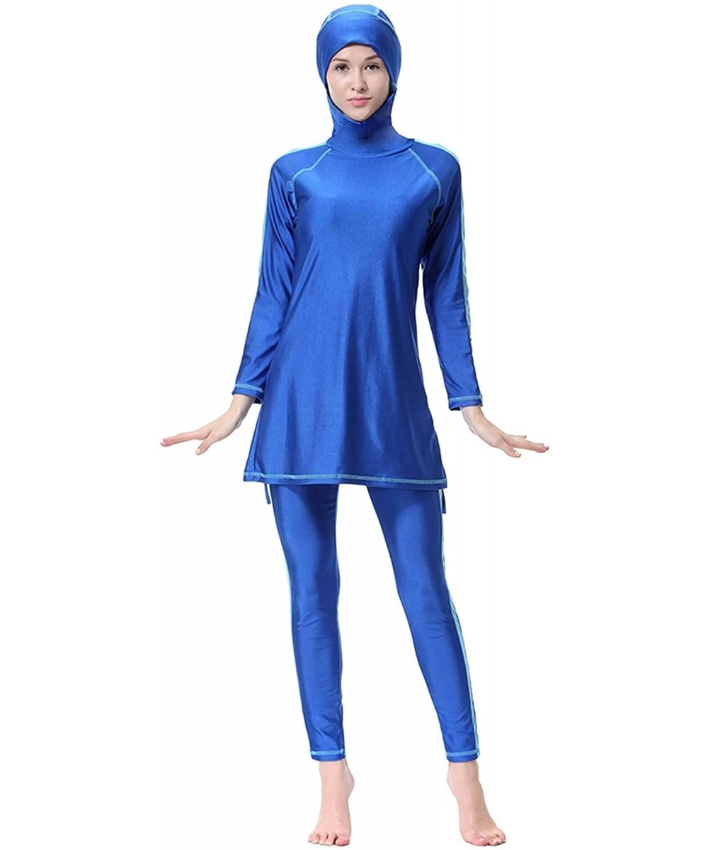 Racing Women Muslim Two Pieces Modest Swimsuit Islamic Beachwear Long Sleeves Highly Elastic - Blue - CX18CCMUDUM