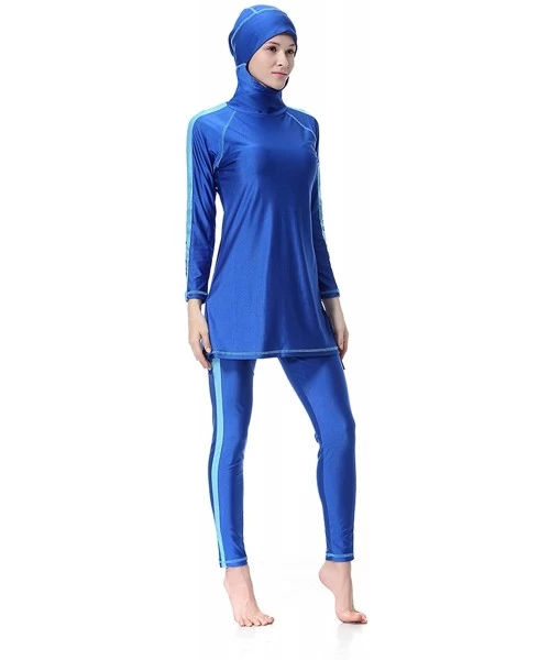 Racing Women Muslim Two Pieces Modest Swimsuit Islamic Beachwear Long Sleeves Highly Elastic - Blue - CX18CCMUDUM