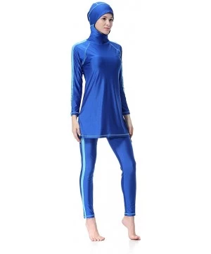 Racing Women Muslim Two Pieces Modest Swimsuit Islamic Beachwear Long Sleeves Highly Elastic - Blue - CX18CCMUDUM