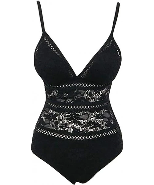 Racing Womens One Piece Swimsuit Deep V Neck Lace Hollow Out Swimming Set 2020 New Beachwear - Black - C8195DAW3RD