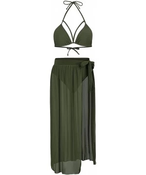 Sets Women's Halter Neck Cut Out 3 Pieces Swimwear with Mesh Maxi Skirt - Army Green - C712I7Q2EFT