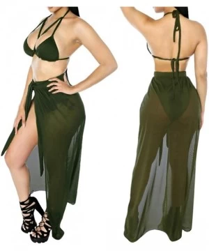 Sets Women's Halter Neck Cut Out 3 Pieces Swimwear with Mesh Maxi Skirt - Army Green - C712I7Q2EFT