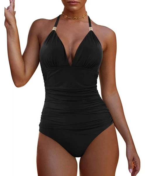 One-Pieces Women Retro Halter One Piece Swimsuits Sexy Slimming Ruched Monokini - 57 Black - CI18ADRIHH6