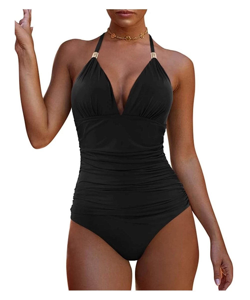 One-Pieces Women Retro Halter One Piece Swimsuits Sexy Slimming Ruched Monokini - 57 Black - CI18ADRIHH6