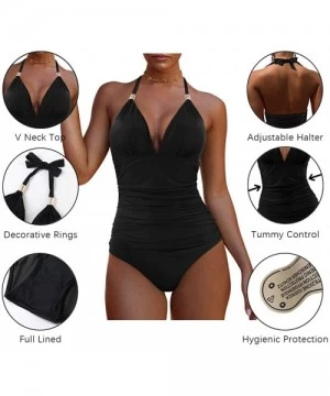 One-Pieces Women Retro Halter One Piece Swimsuits Sexy Slimming Ruched Monokini - 57 Black - CI18ADRIHH6