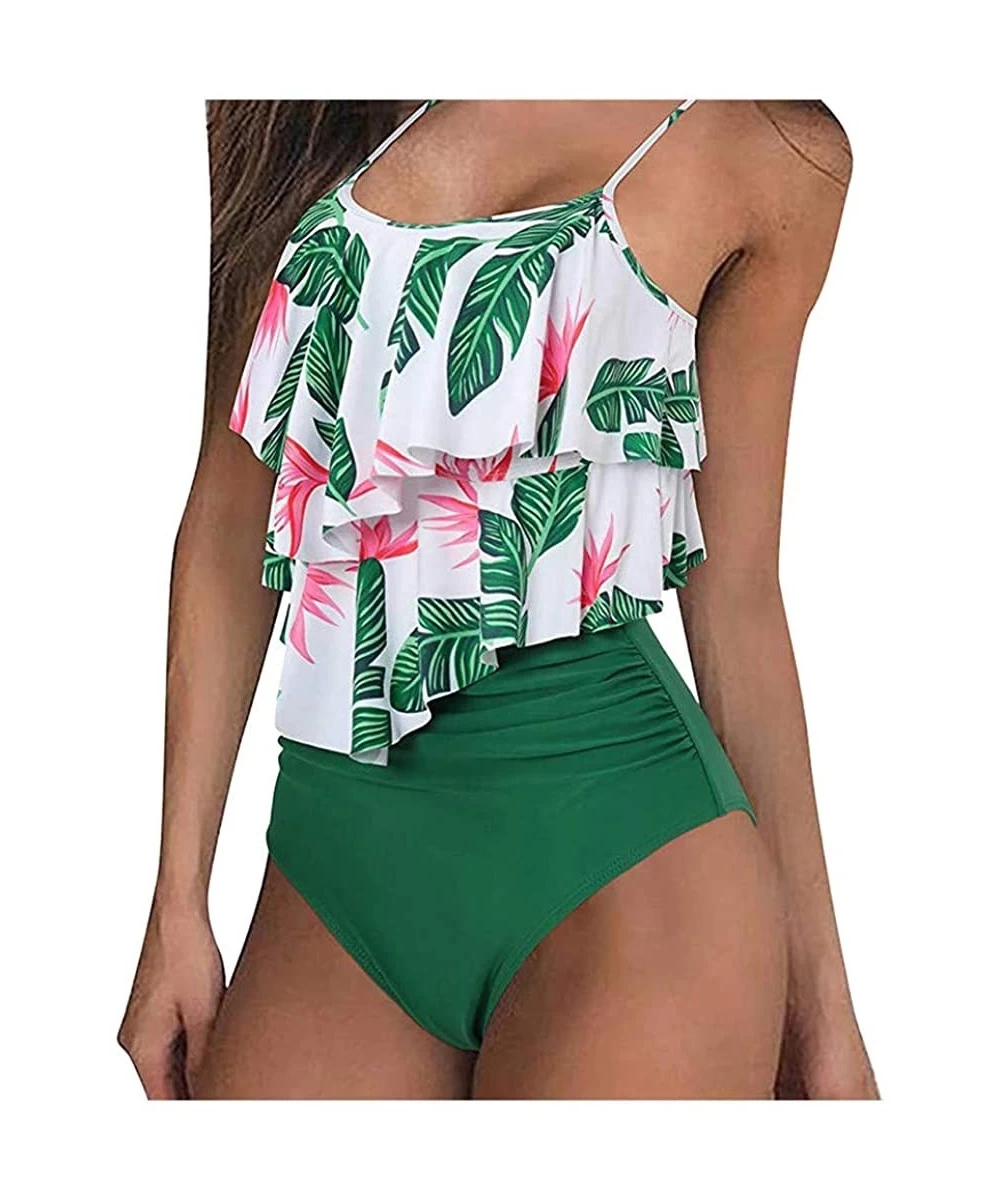 Racing Swimsuits for Women Two Piece Bathing Suits High Waisted Bikini Set Ruffle Spaghetti Straps Tankini Bathsuit Green - C...