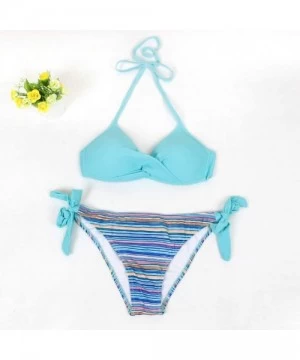 Sets Women's Sexy Padded Push Up Bikini Set Halter Bathing Suits Two Pieces Swimsuit Swimwear - Lake Blue Stripe - CD18R8S0CCN