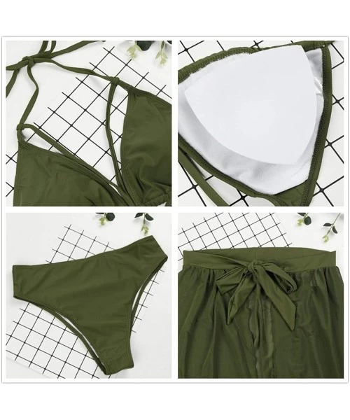 Sets Women's Halter Neck Cut Out 3 Pieces Swimwear with Mesh Maxi Skirt - Army Green - C712I7Q2EFT