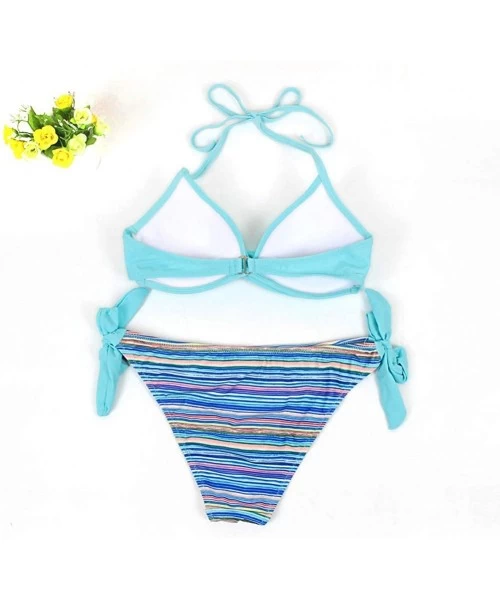 Sets Women's Sexy Padded Push Up Bikini Set Halter Bathing Suits Two Pieces Swimsuit Swimwear - Lake Blue Stripe - CD18R8S0CCN