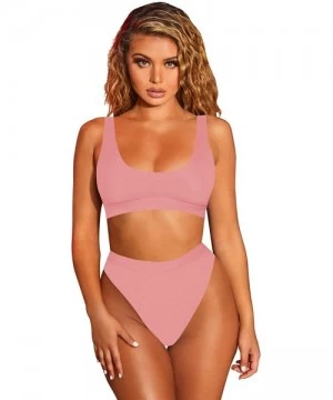 Sets Women's Sexy High Waist Scoop Neck Bikini Swimsuit Bathing Suit - Pink - CX18RMYNTI5