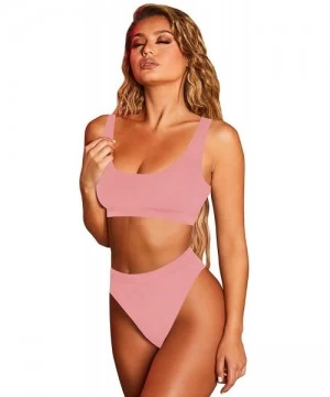 Sets Women's Sexy High Waist Scoop Neck Bikini Swimsuit Bathing Suit - Pink - CX18RMYNTI5