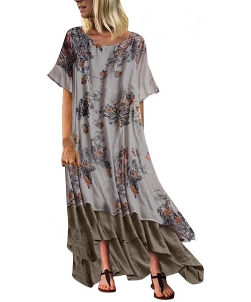 Sets Women Plus Size Bohemian O-Neck Floral Print Vintage Sleeveless Long Maxi Dress - A-gray - C918W3N63OK