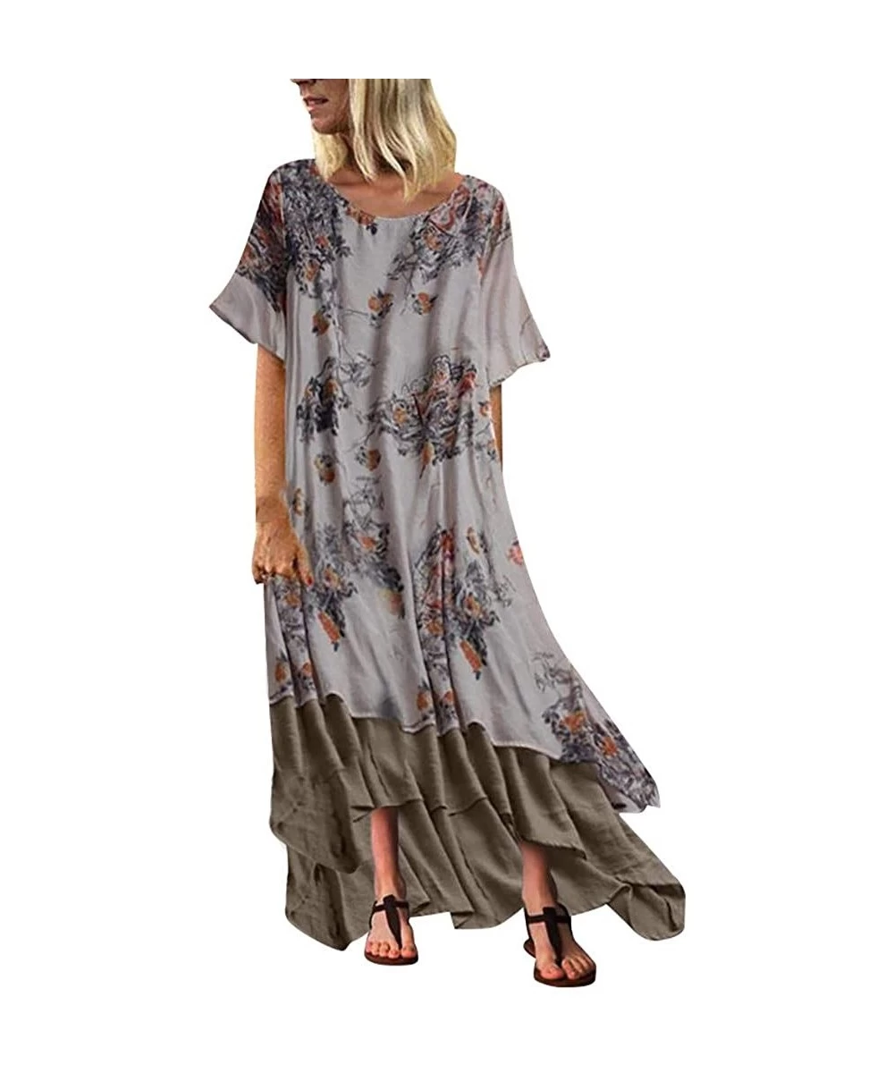 Sets Women Plus Size Bohemian O-Neck Floral Print Vintage Sleeveless Long Maxi Dress - A-gray - C918W3N63OK