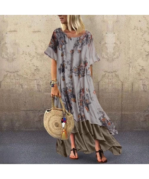 Sets Women Plus Size Bohemian O-Neck Floral Print Vintage Sleeveless Long Maxi Dress - A-gray - C918W3N63OK