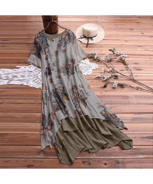 Sets Women Plus Size Bohemian O-Neck Floral Print Vintage Sleeveless Long Maxi Dress - A-gray - C918W3N63OK