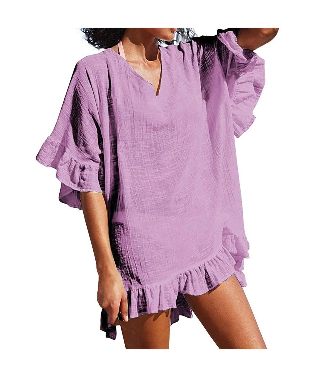 Cover-Ups Women Summer Cloting Beach Cover Up for Women Chiffon Tassel Swimsuit Summer Bikini Solid Swim Beachwear - Purple -...