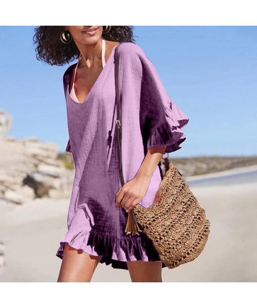 Cover-Ups Women Summer Cloting Beach Cover Up for Women Chiffon Tassel Swimsuit Summer Bikini Solid Swim Beachwear - Purple -...