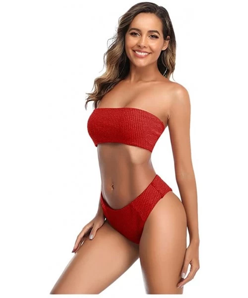 Sets Women Sexy Tube Top Swimwear Solid High Waist Bikini Set Two Piece Swimsuit - Red - CJ1966Y9R85